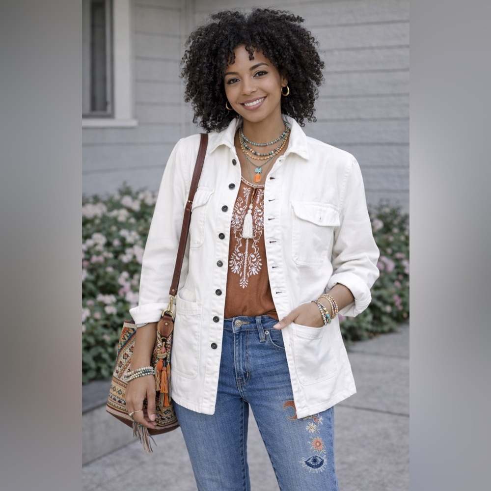 Free People- Sandrine Rose Button Down‎ White Empire Jacket